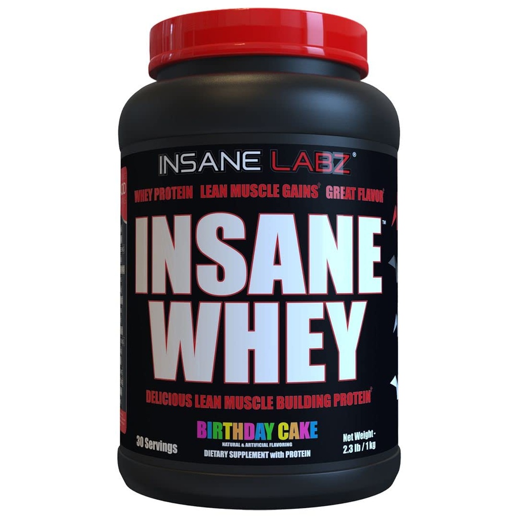 Insane Labz Insane Whey 100% 肌肉建筑Whey蛋白,BCAA 氨基简况,大众增益器,餐具更换(Birthday Cake,30位服务员)