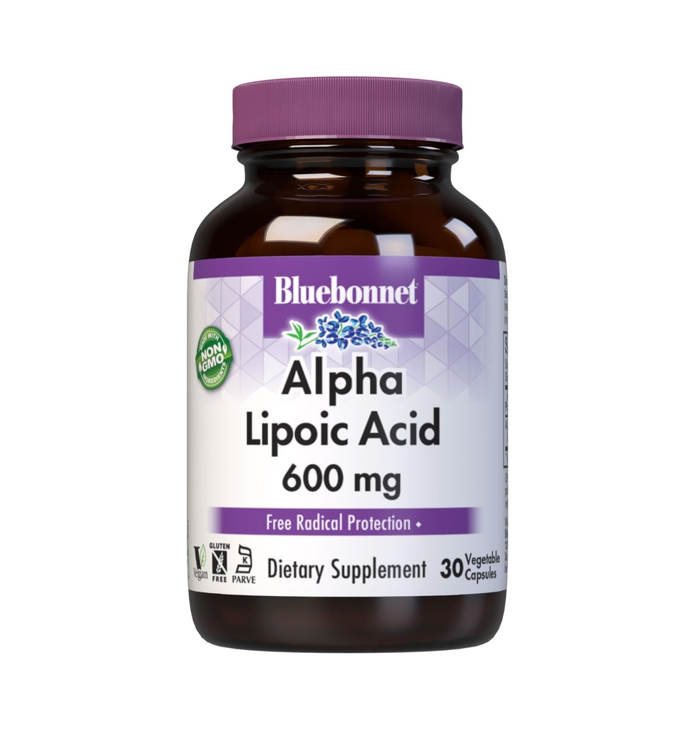 BlueBonnet Alpha Lipoic Acid 600mg - 女性和男性的强抗氧化剂神经辅助剂 - 非GMO,Vegan,Kosher - 无糖,无豆,无乳汁 - 60个蔬菜罐头