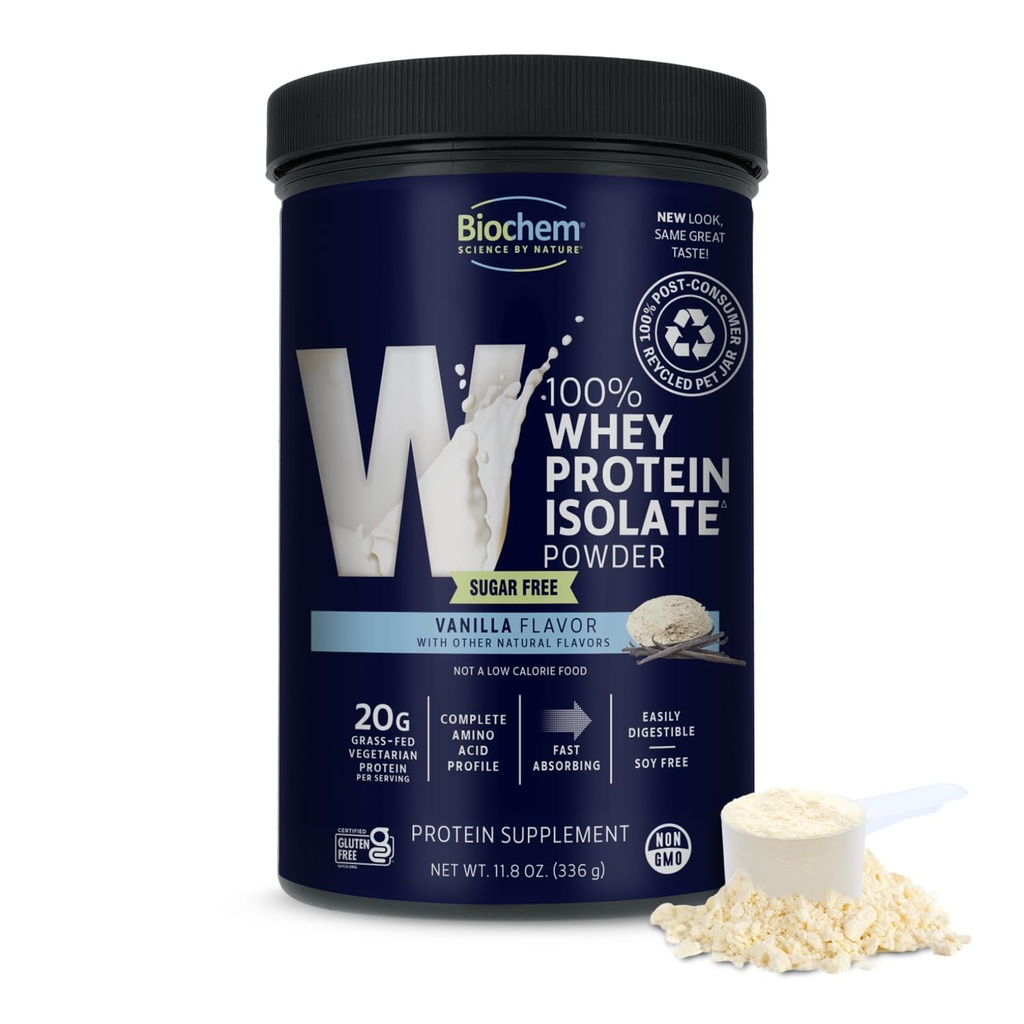 生物化学 100% Whey 无糖香草 20g, 11.8oz, 认证蔬菜, 认证葡萄糖 自由, 认证非GMO 测试, Keto 友好, 草料