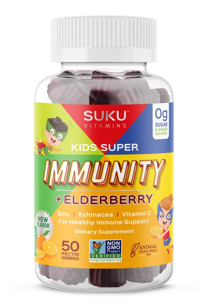 SUKU 维生素 - 儿童超級豁免 - 长老莓, Echinacea, 维生素A 和 津液Gummys for Immune 支持 - Easy to Chew - 非 GMOO, Gluten Sugar Free - Pomegranate Lime Gummy 维生素, 50 Counts