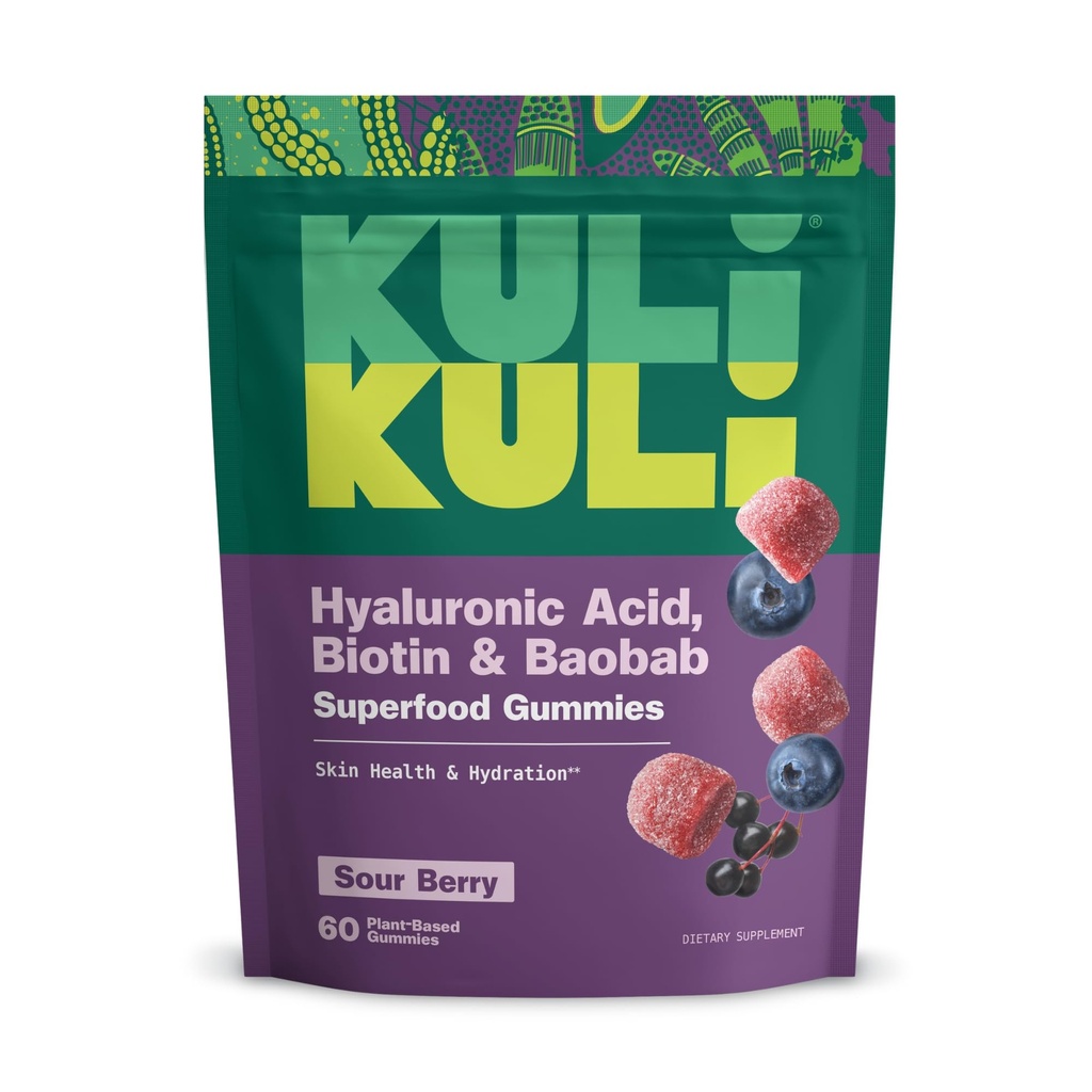Kuli Kuli Super Gummys - 与Baobab, 长老莓, 和 Biotin 的皮肤补充剂 - 帮助支持皮肤健康 - 60 非GMO, Gluten-Free Gummys