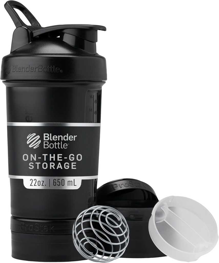 BlenderBottle Shaker 瓶装药丸组织器和蛋白粉存储器,经典V2 ProStak系统,22-Ounce,午夜黑色