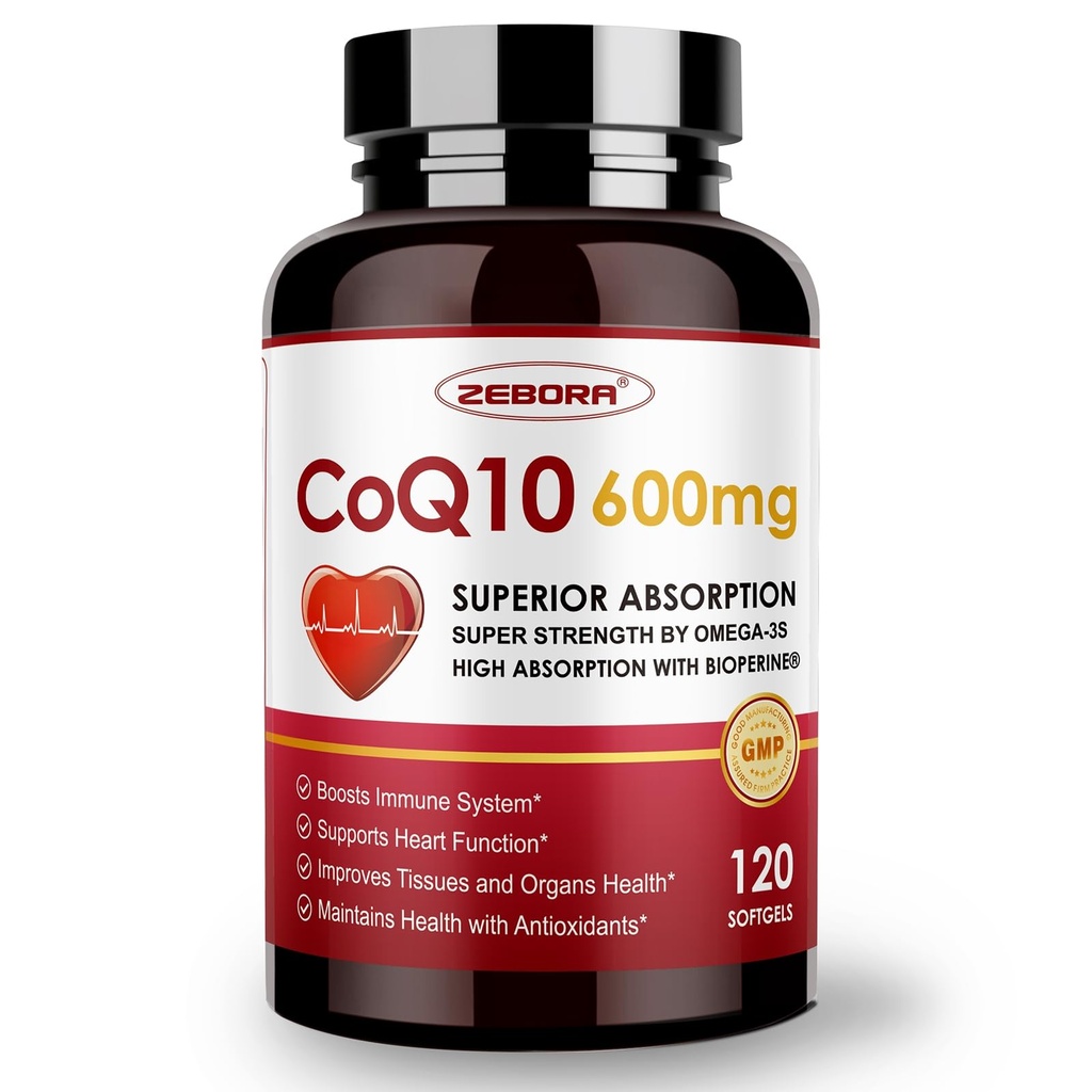 ZEBORA CoQ10-600mg-Softgels - 配有PQQ,Omega-3 & BioPerine的超强Coenzyme Q10 - 高吸收CoQ10 用于心脏健康和能源生产的抗氧化剂(Ubiquinone),120软胶