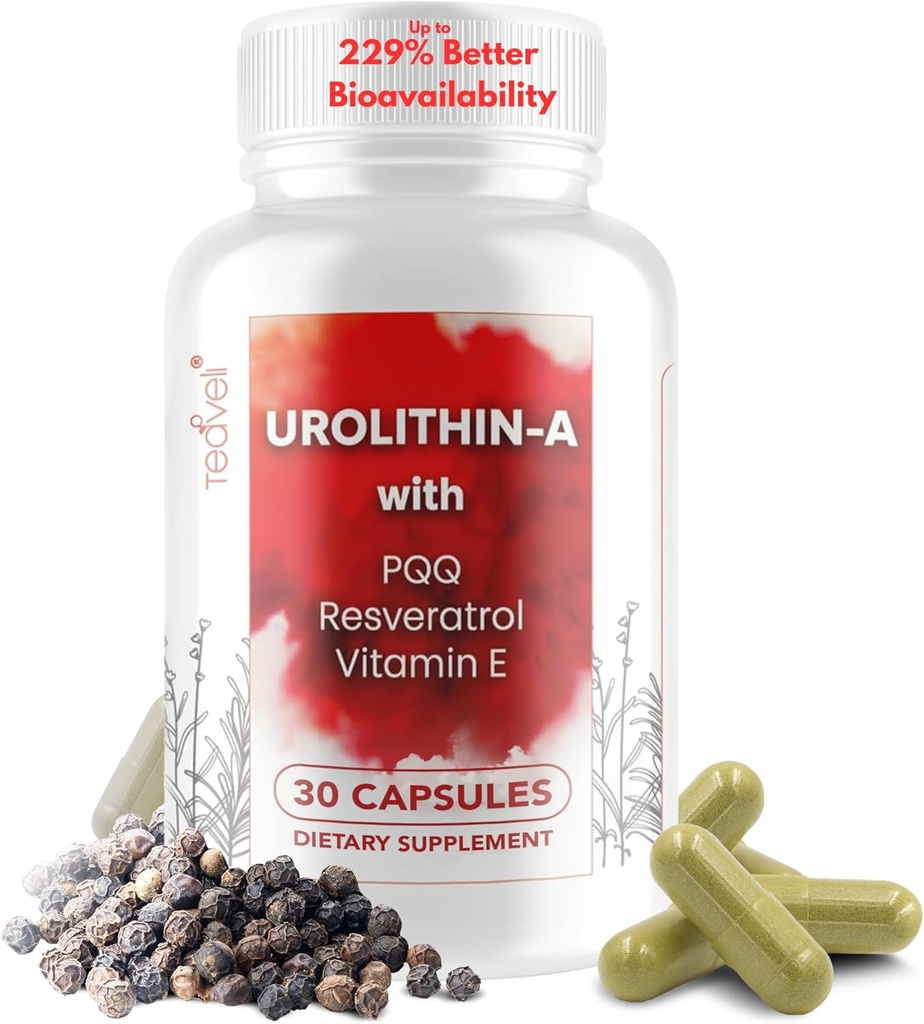 高级 Urolithin A (15 services) & Stem Cell 补充500 mg Urolithin A, Resveratrol, PQQ, 维生素 E & Bioperine — 支持NAD+, Mitochondria, 肌肉健康,健康细胞和能量水平
