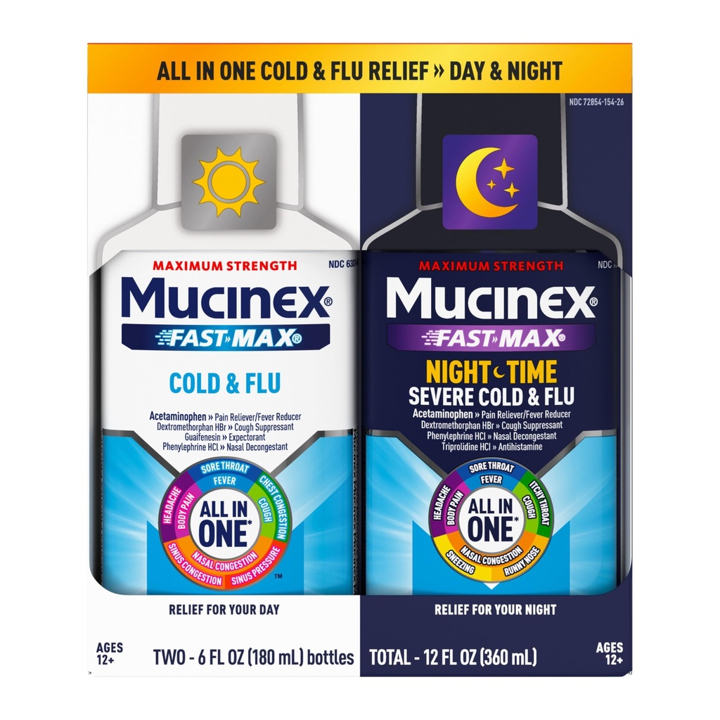 Mucinex 快速Max 成人冷冻和流感及夜服药,超常医用Combo 包,用于解喉、解毒剂、咳嗽和冷冻药(2x6 Fl Oz)