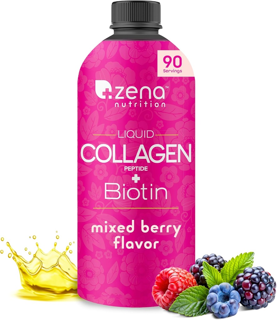 Zena Nutrition Liquid Collagen Peptides and Biotin, 2500mg Verisol Bioactive Collagen Peptides, 5000mcg Biotin, Hair, Skin, Nail Supplement for Women and Men, Mixed Berry, 90 Servings, 30 fl oz