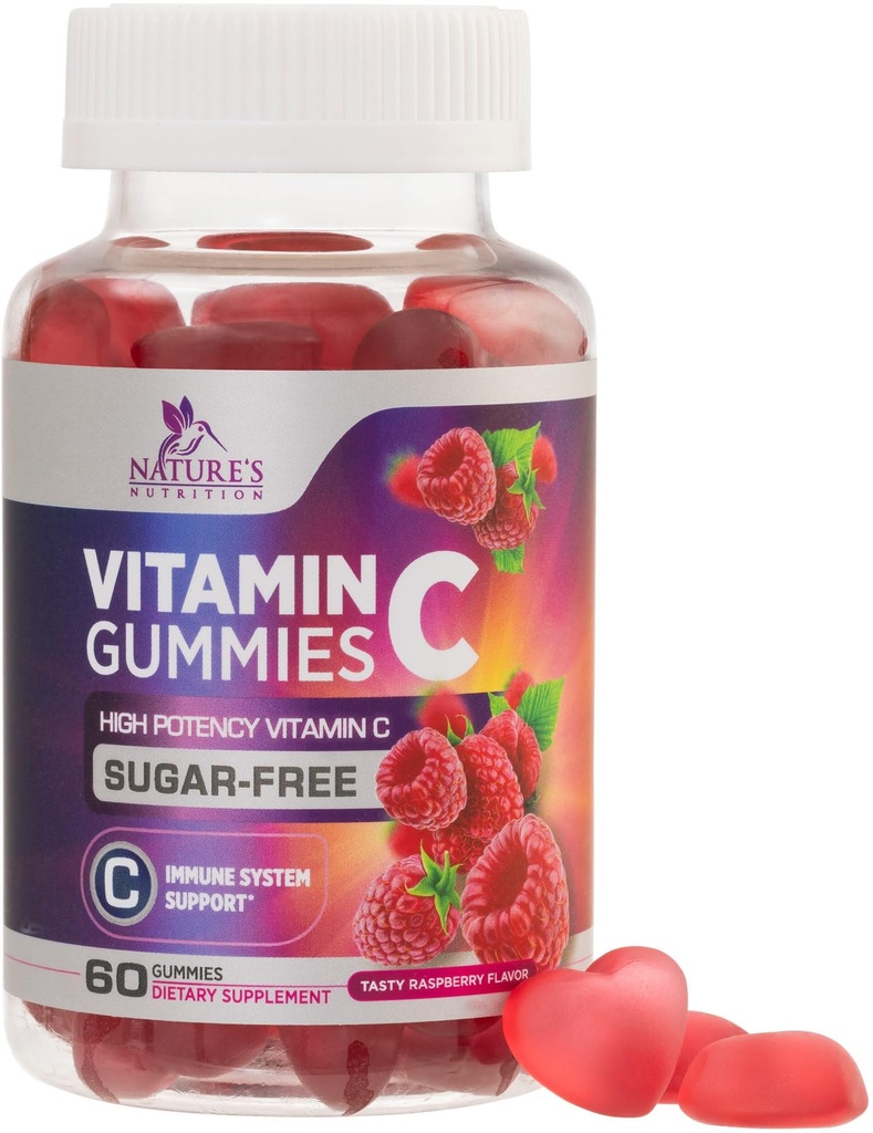 无糖维生素C Gummys - 免疫支持和抗氧化剂维生素C 饮食补充 - Vegan, Non-GMO, 奶油和Gluten 免糖维生素C Gummy - 儿童与成年人的Raspberry Flavor - 60 古姆尼县