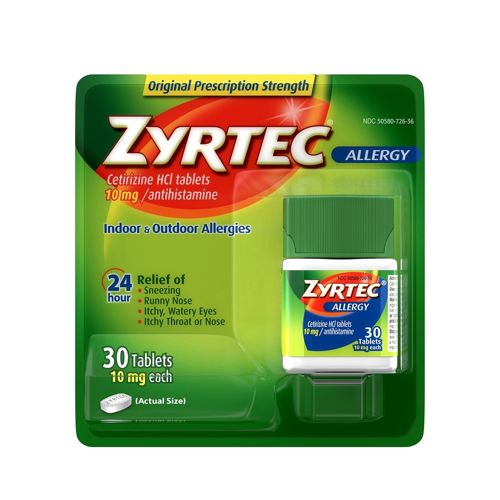 Zyrtec 24小时过敏治疗药片、10毫克Cetirizine HCl 抗西夏胺过敏药、30厘米红
