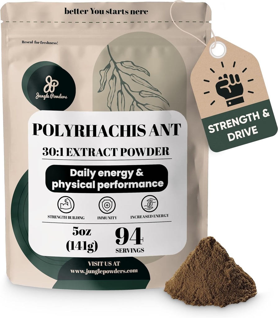 丛林粉末 黑蚂蚁 提取粉末 30:1 浓度 94 服务 - 5 Ounces of Pure Polyrhachis 黑蚂蚁 补充 填充 自由 长拜 山蚁 传统 男子 健康 支持 驱动