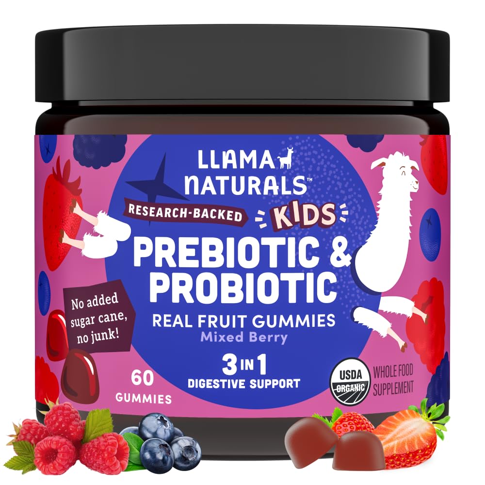 Llama Naturals Kids Probiotic with Prebiotic Fiber, Vegan, 有机生素和Probiotics Gummys for Gut Health Support, Todler Real Fruit Gummy Vitamins, 无添加甘蔗, 混合莓, 60 Ct