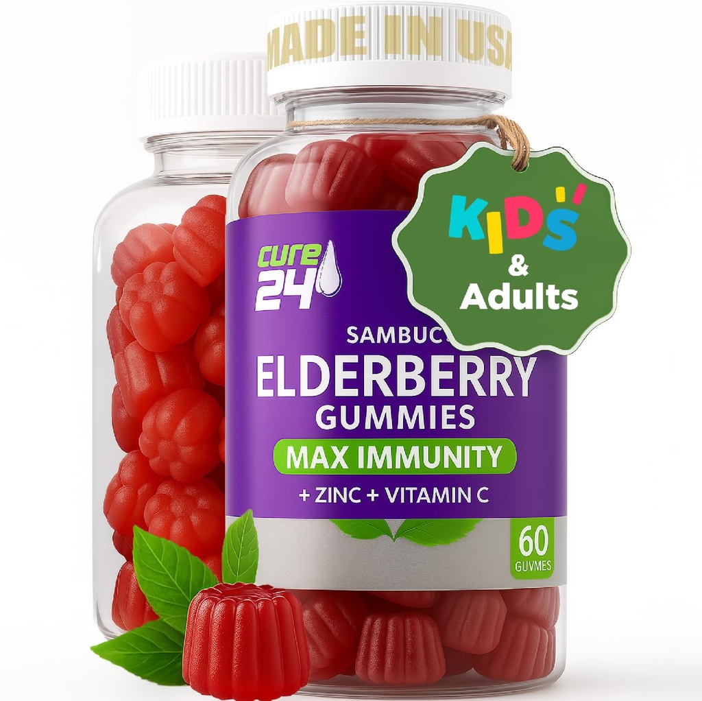 Sambucus Elderberry Gummies + Vitamin C + Zinc for Kids & Adults, X3 Immune Support, Natural Flavors + Ingredients, Vegan, Non-GMO, Made in USA (60)