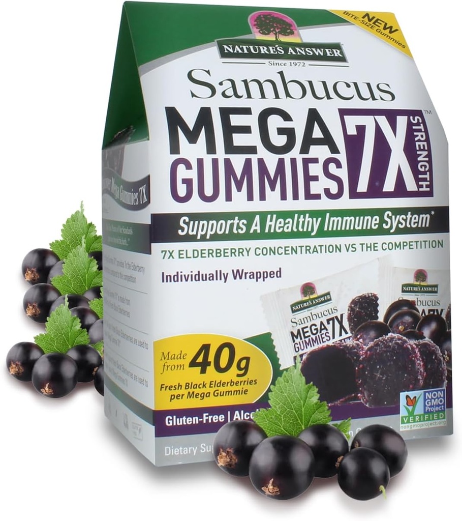 自然之答:Sambucus Mega Gummys QQ 7X 更多老年莓浓度QQ 无酒精,无葡萄糖,无葡萄糖,Vegan,N-GMO和无防腐剂QQ 30ct Gummys (Pack of 2).