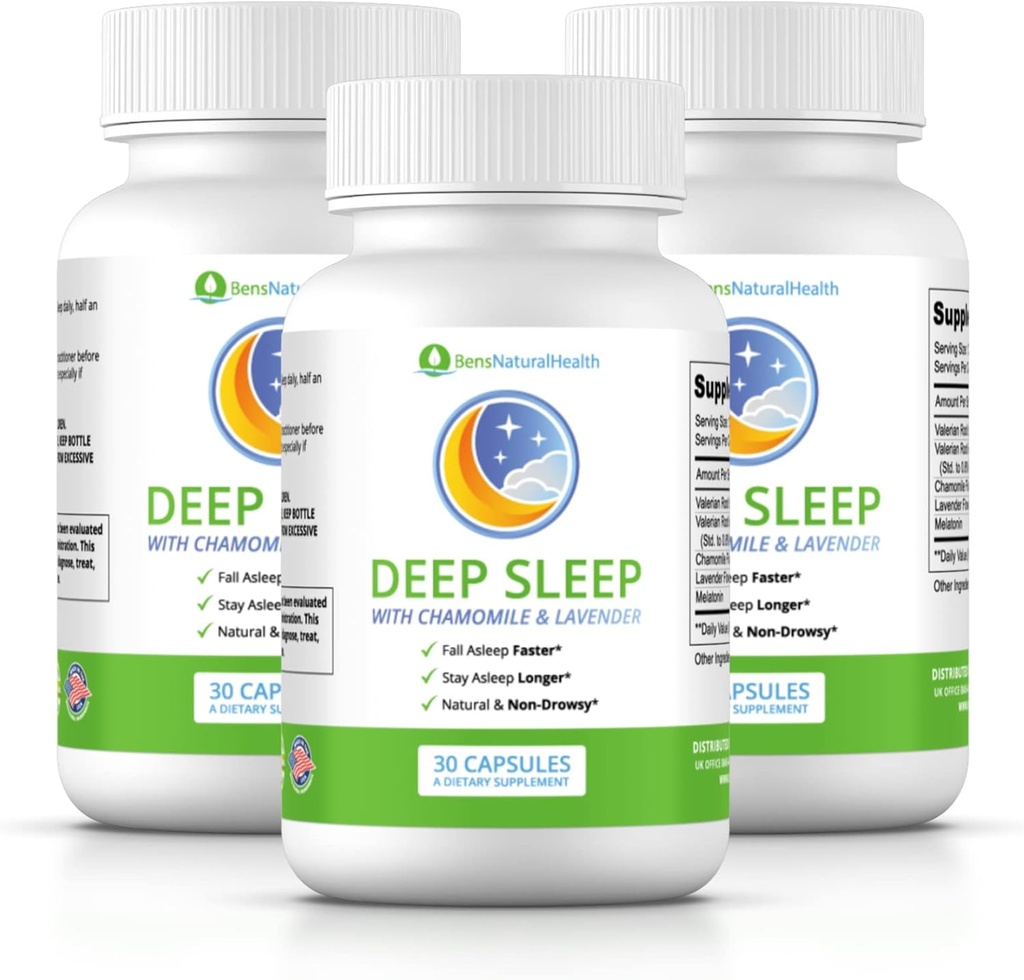 Ben's Natural Health Deep Sleep Support Supports, Melatonin, Valerian, Chamomile and Lavender, 30 Capsules, 3 Pack (英语).