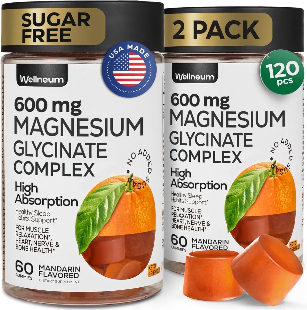 甘氨酸镁(Glycnate Gummys) 600Mg 2 Pack - 高吸附,三重冷却镁复合体 - 用于放松和睡眠的化学物质 - 配有维生素D的Gummy补充剂 - Vegan,无糖,Gut友好