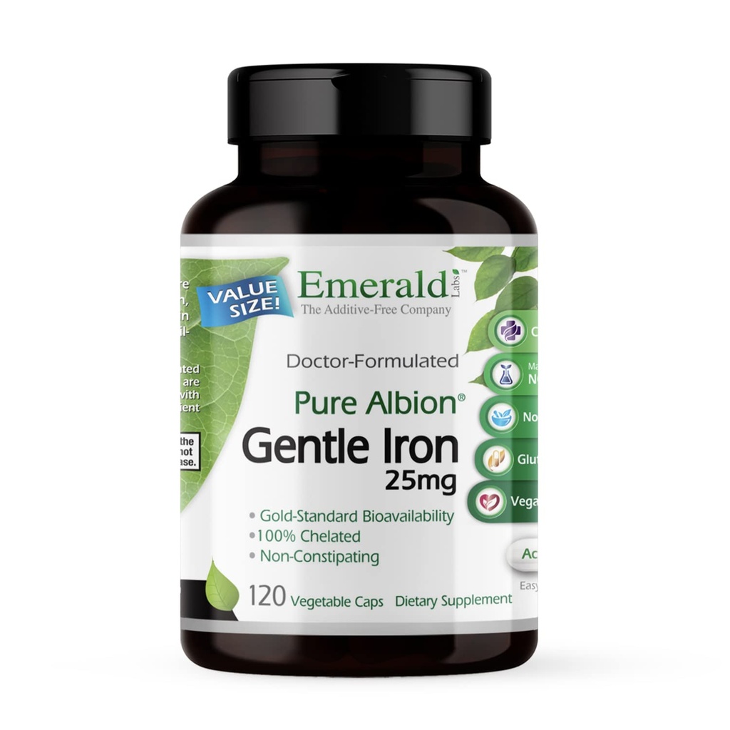 翡翠实验室 Gentle Iron 25mg - Ferrous Bisglycinate Chelate - 支持能源、眼、免疫和心脏健康的雪兰莪铁补充剂 - 120 蔬菜罐头(120天供应)