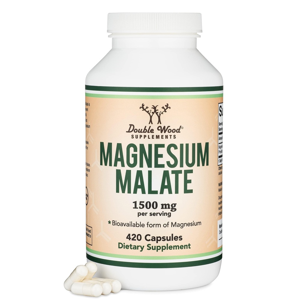 Magnesium Malate Capsules (420 count) - 1,500 mg per service (Magnesium bonding to Malic Acid), 第三方测试, Vegan 友好, Gluten 由双木制补充剂自由
