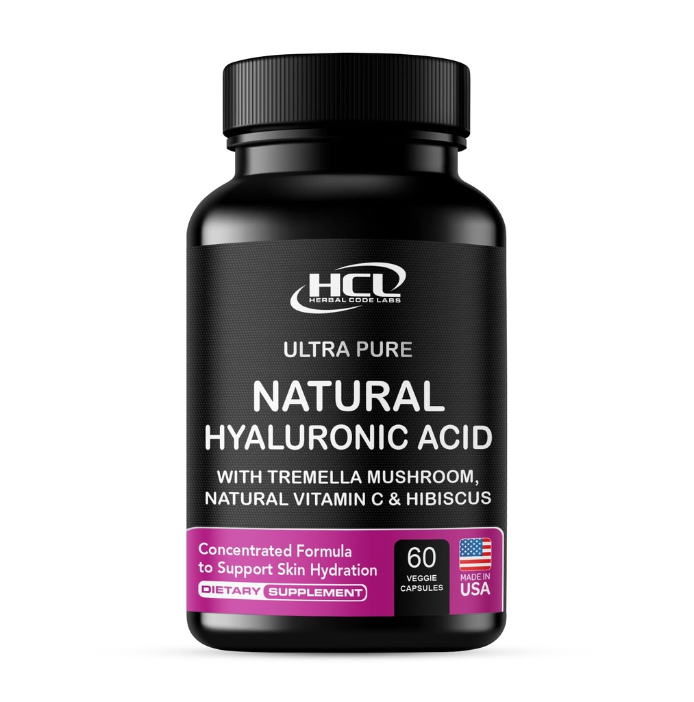 Natural Hyaluronic Acid Supplement 5X Stronger Hydration Pills from Pure Tremella Mushroom with Vitamin C & Hibiscus - Skin Supplement Anti Wrinkle Dietary Capsules - hair nails vitamins