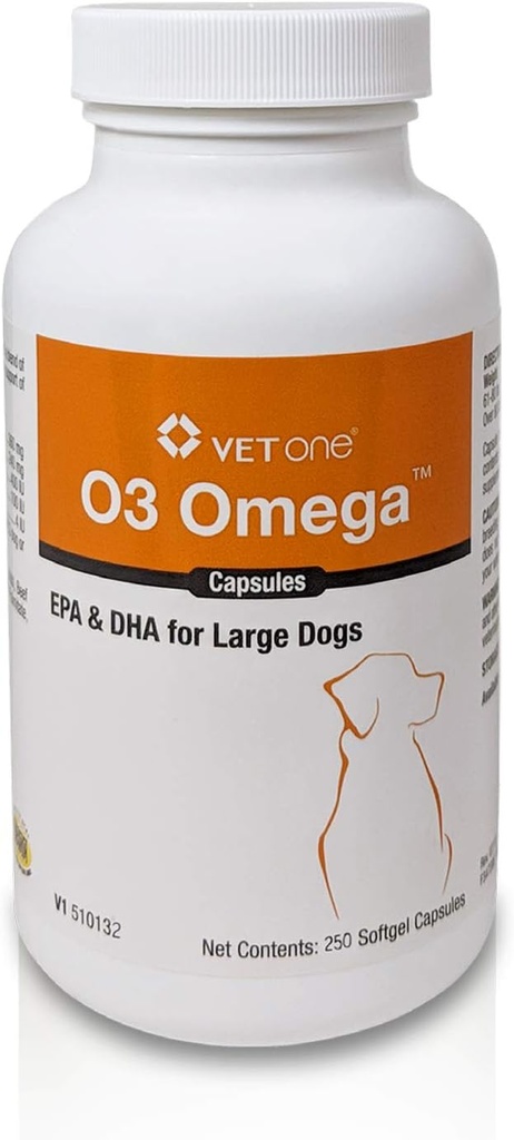 VetOne O3 Omega Soft Gel for Large Dogs - Essential Fatty Acid Support - Skin & Coat Supplement - 250 Capsules