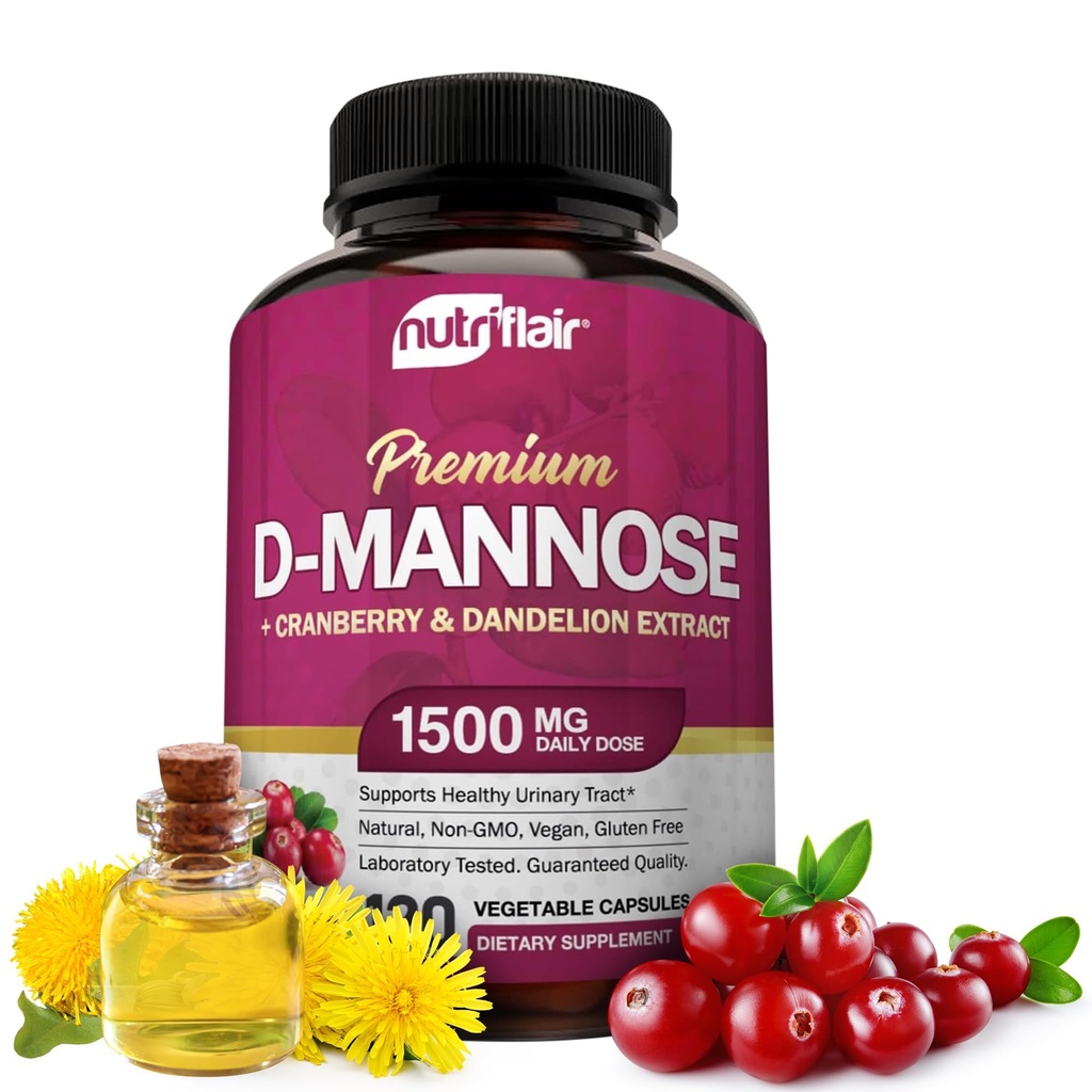 NutriFlair D-Mannose 120 Capsules, 1500mg - with Cranberry and Dandelion Extract - Natural Urinary Tract Health UTI Support - Best D Mannose Powder - Flush Impurities, Detox Body, for Women and Men