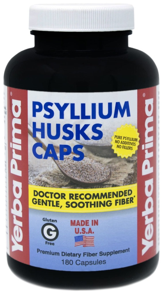 Yerba Prima Psyllium Husks Cap 饮食纤维 625 mg,180 capsules - 科隆清洁剂补充剂 - Gut健康 - 非GMO Gluten Free