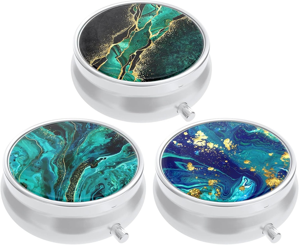 3 Pack Pill Box, Purse & Pocket小药箱,Cute Medicine 组织者旅行 Pillbox,便携式 Pill容器持有者持有维生素,药剂,鱼油和补充品,Teal Ocean Marble