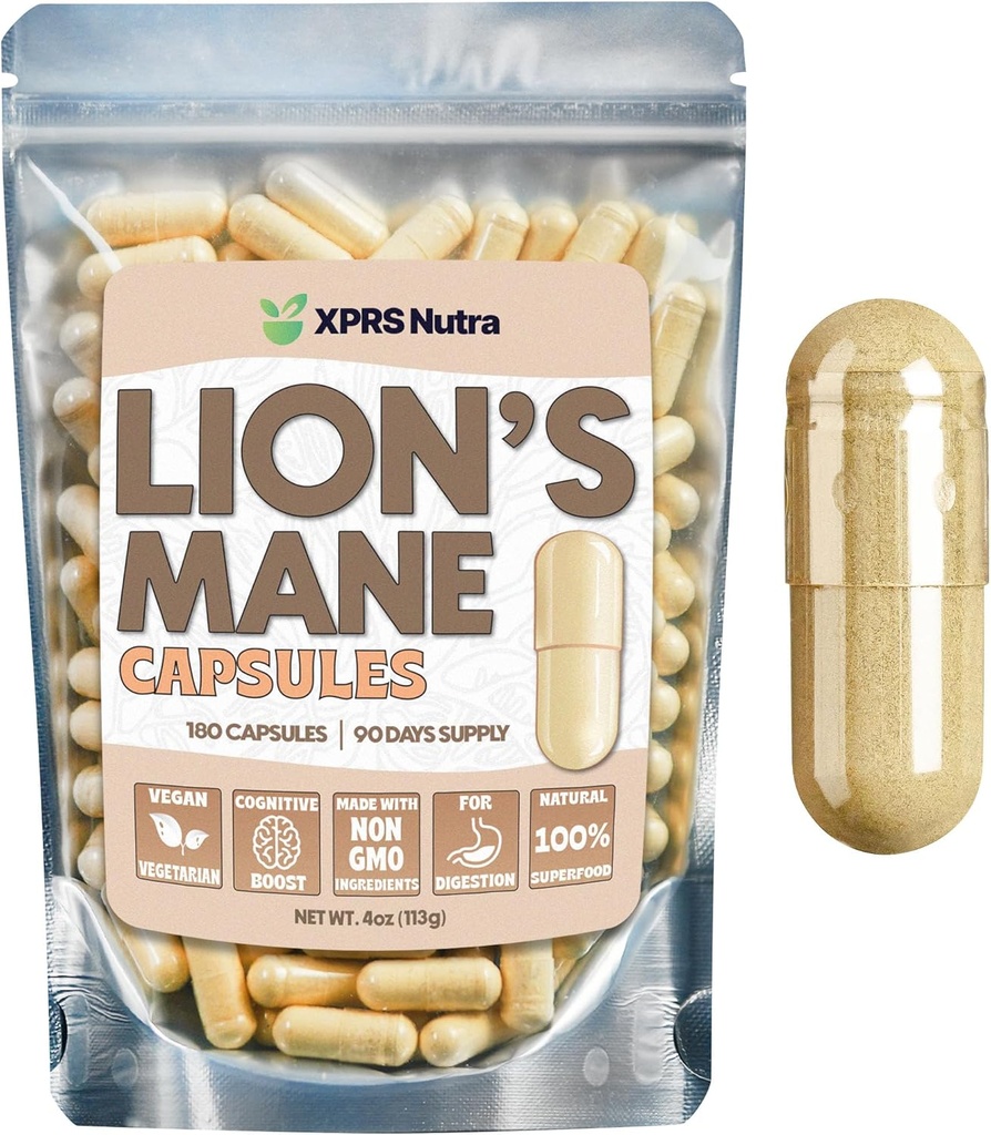 XPRS Nutra 有机狮子 Mane 补编 Capsules - 180 Counter(90天供应) 狮子的马恩蘑菇卡普尔用于精神清晰度,认知度和豁免性 狮子马恩粉卡普尔