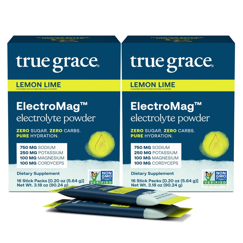 True Grace ElectricroMag - 16个棒包(包2个) - 柠檬莱姆 - 快速水分的电解粉 - 钠,钾,镁 & Cordyceps - 零糖和碳 - 非GMO - 32个总功用