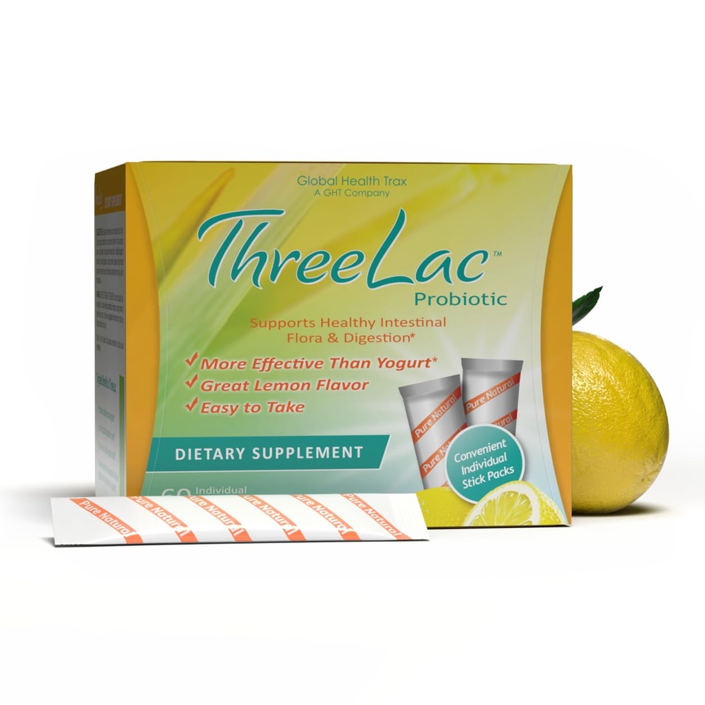 全球健康Trax GHT - ThreeLac Lemon Probiotic Drinking Mix for Digestive Health - 高级的男性,女性和儿童的Probiotic Powder公式 - 免疫支持和Gut平衡,非GMO - 60包