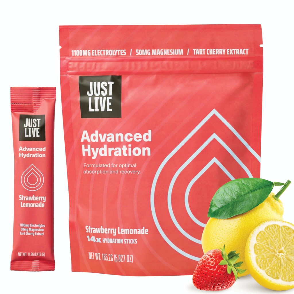 Just Live Advanced Hydrition - 草莓柠檬汁,电解质饮料混合剂,塔特樱桃提取剂,支持回收和吸收,低糖,14 Pack