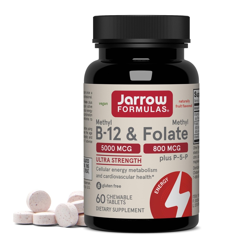 Jarrow Formules Methyl B-12 & Methyl Folate - 60 Cherry - 生物活性维生素B12 & B9 - 支持能源生产,脑功能与代谢 - 格鲁滕自由 - 60 服务
