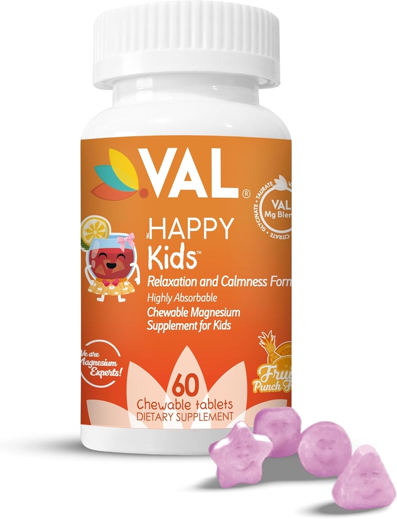 VAL Magnesium for Kids QQ 高吸附镁用于镇静,放松和聚焦 Mg Glycnit, Citrate & Taurate QQ 与维生素B6, D&C QQ 无糖,非GMO QQ 60可切片