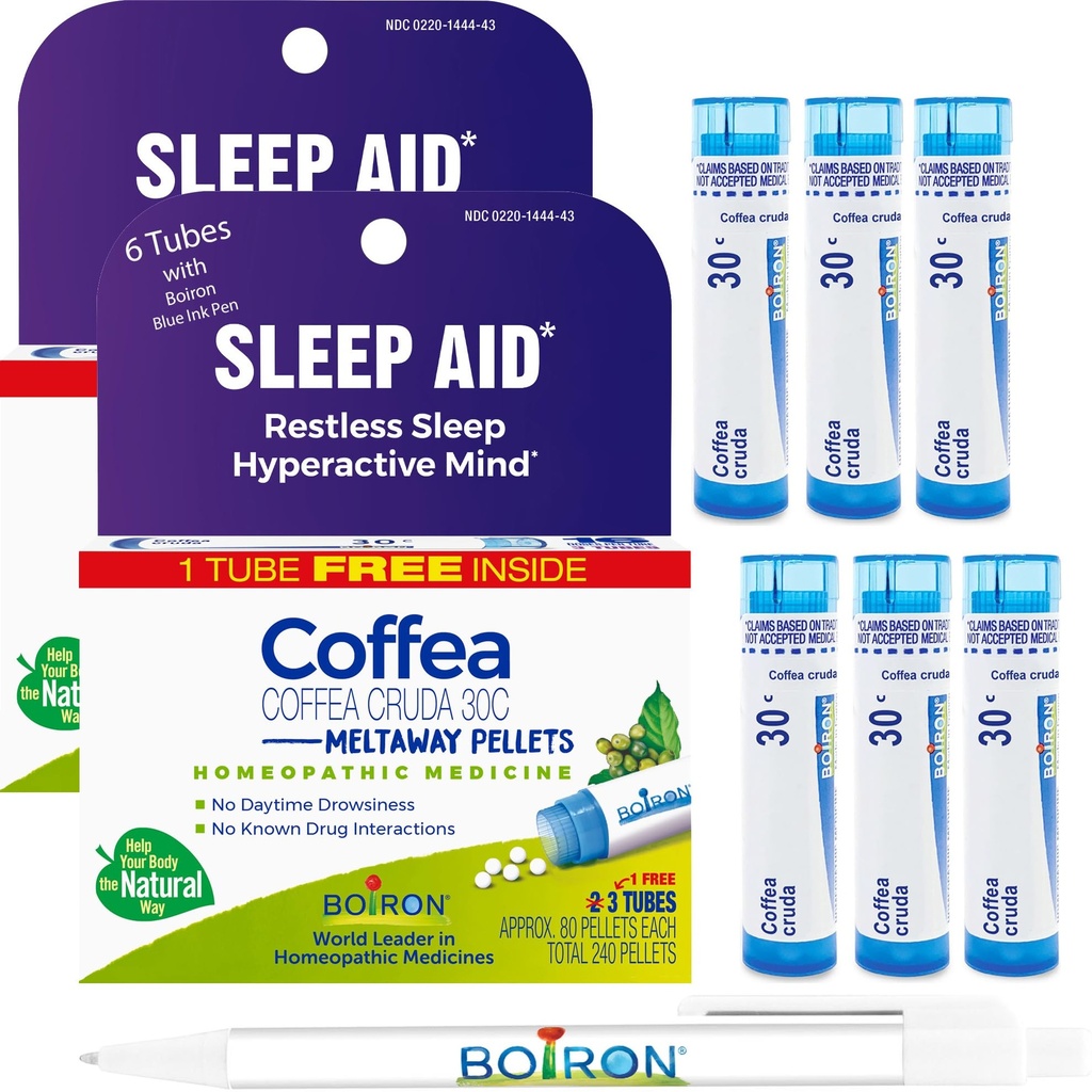 Boiron Coffea Cruda 30C - 6 Total Blue Tubes - Homeopathic Sleep Aid for Restless Sleep, Mental Hyperactivity, Racing Thoughts, and Difficulty Sleeping with Blue Ink Pen