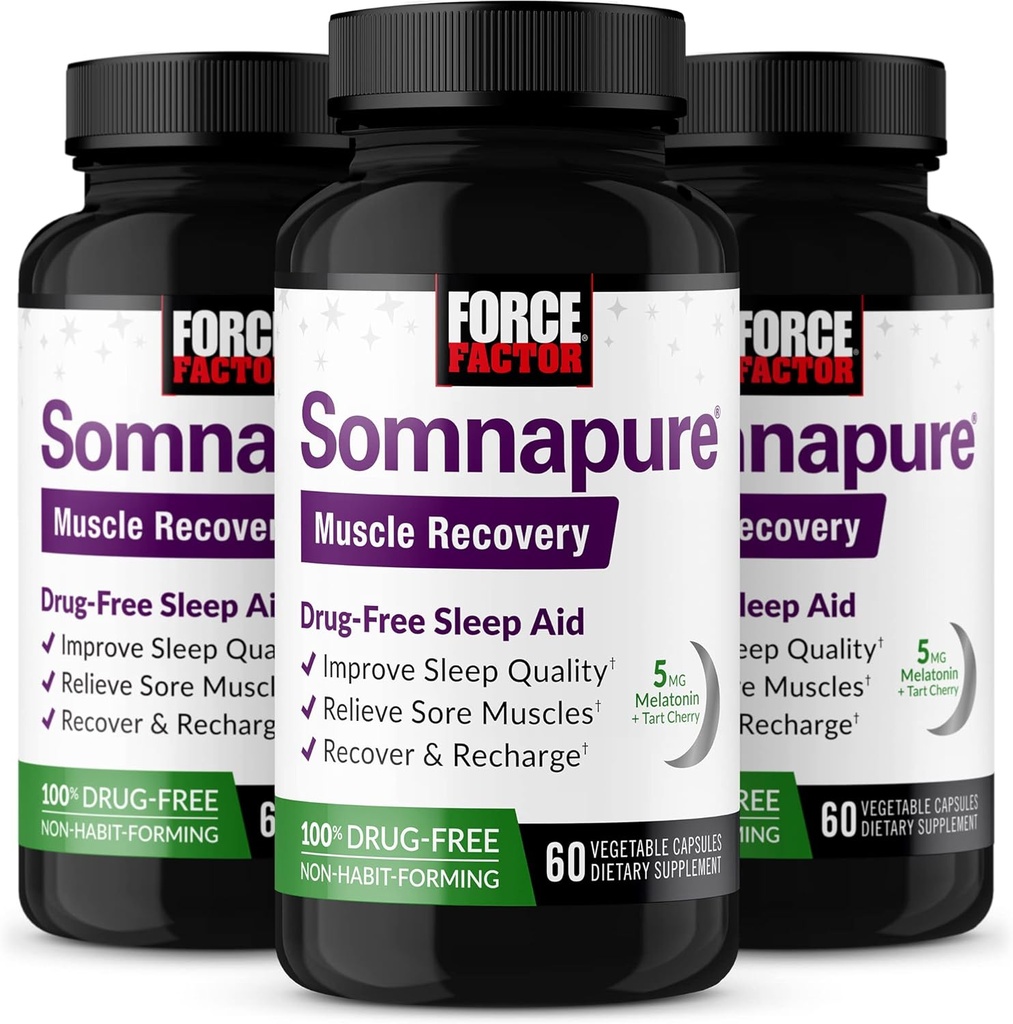 FORCE FACTOR Somnapure 肌肉复苏援助 成人与Melatonin 5mg, 圣巴西尔和L-Theanine, 睡眠支持补充 肌肉灵魂救助 & 肌肉复苏 180 Caps, 3-Pack