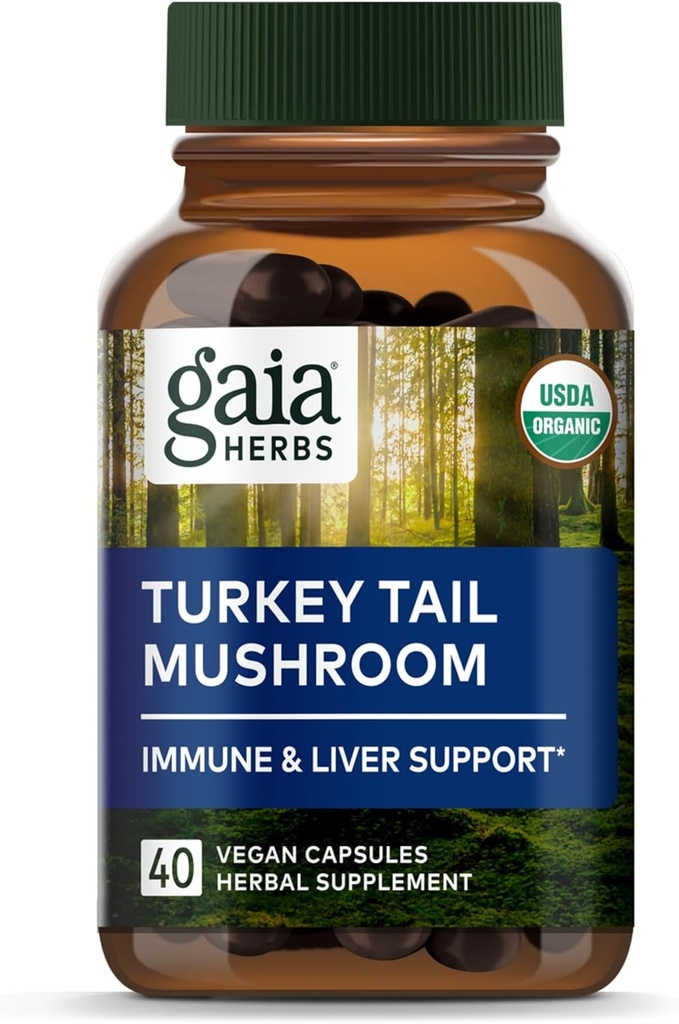 Gaia Herbs Turkey Tail蘑菇 - 帮助维持肝脏健康的免疫辅助剂 - 有机土耳其Tail蘑菇果实体提取器 - 40 Vegan Capsules