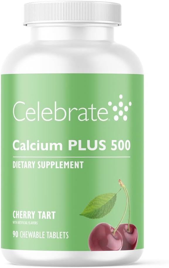 庆祝维生素钙+-500mg 钙 Citrate, 333 IU 维生素D3 & 34mg 氨基镁用于后脑外科手术 - Gluten-free & Sugar-free - Cherry, 90 Chewable 片