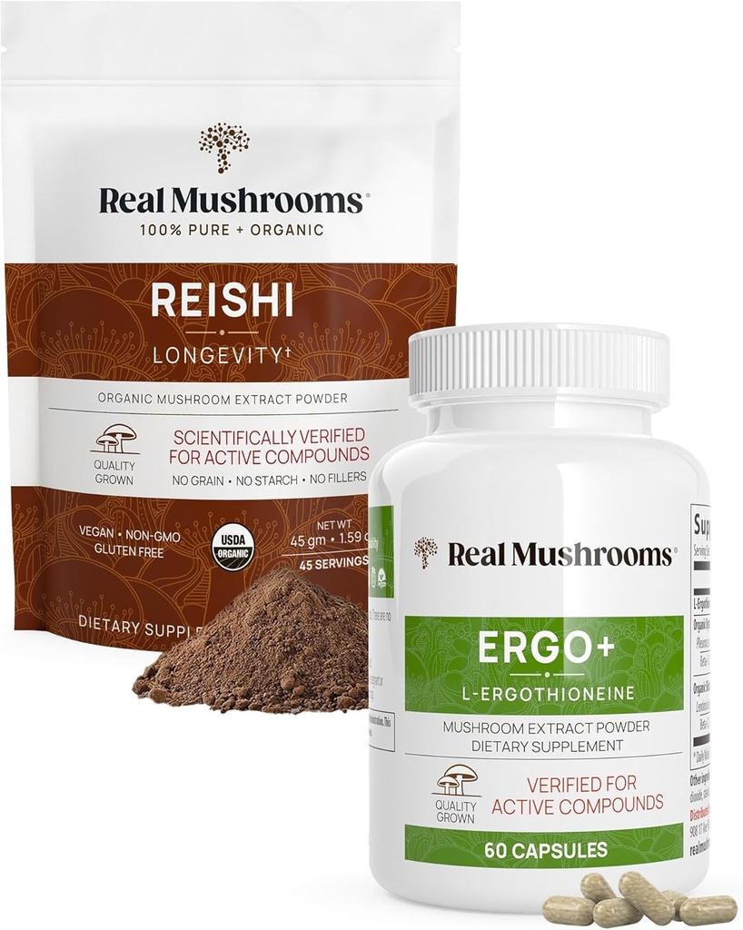 真正的蘑菇 Ergothioneine(60ct)和Reishi 有机粉(45 services) 与Shiitake和Oyster 蘑菇提取器 - 长寿和放松 - Vegan, Gluten Free, 非GMO