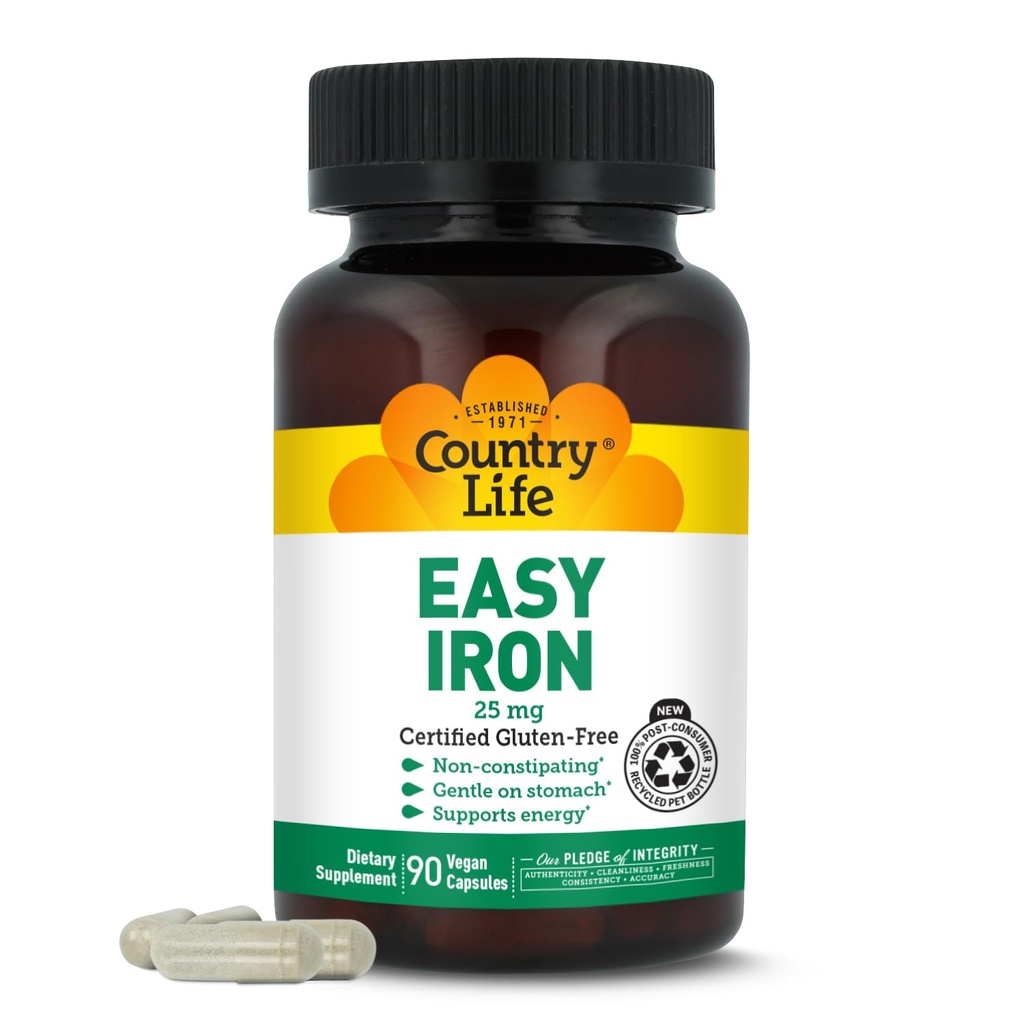 乡村生活 易铁 25mg capsules - Gentle 非便秘 Ferrochel - Vegan 维生素 女性和男性补充 - 支持体能