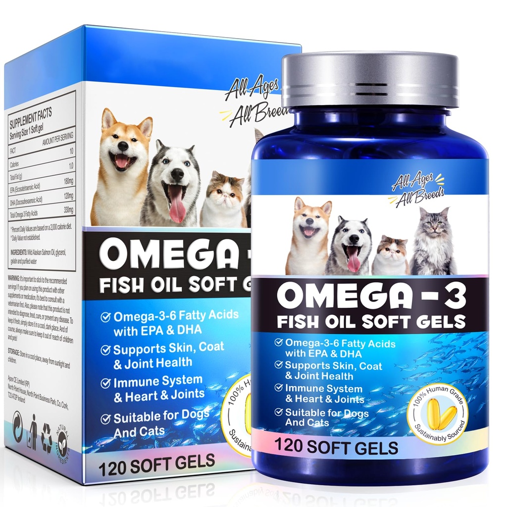 Omega-3 Fish Oil for Dogs, Omega 3 Fish Oil with EPA & DHA 支持狗的季节性过敏反应救护,靴子Imune功能,Ich皮肤救护与推广Coat健康,宠物补充 - 120软宝石