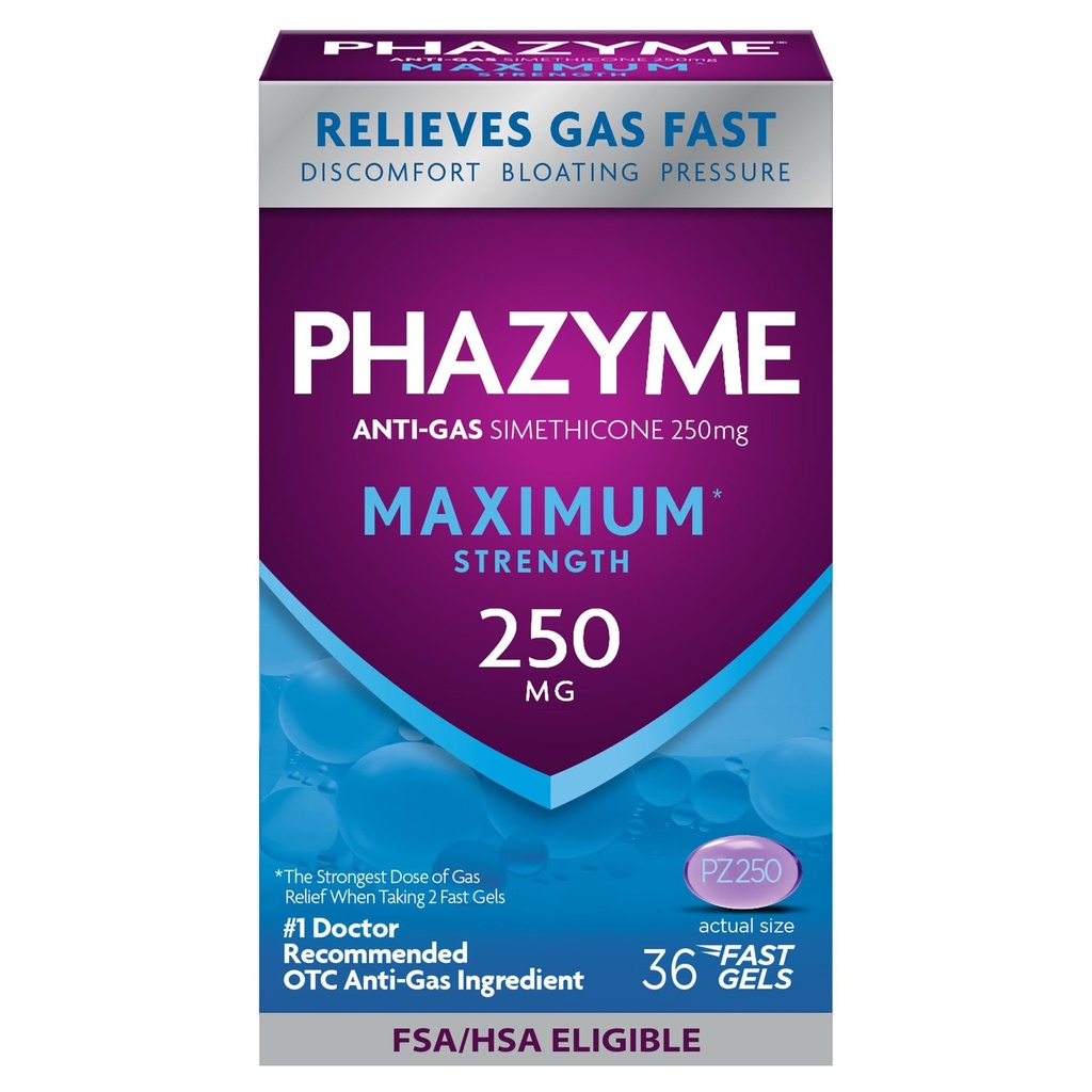 Phazyme 最大* 强抗气体250 mg Simethicone Gas Relief for Adults, Fast Gels Quickly Ease Bloating, 压力和不适, 36 counts