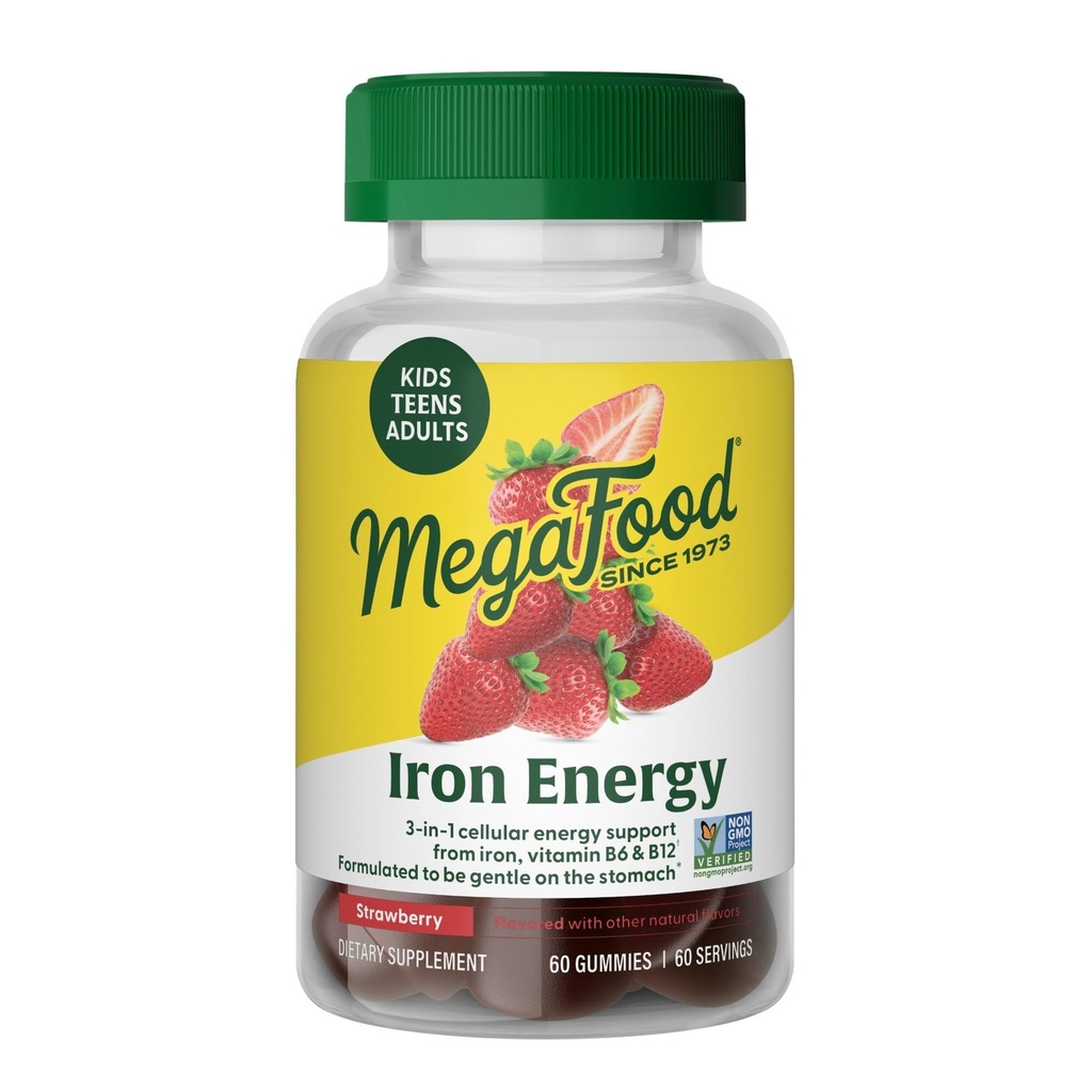 Megafood Iron Energy Gummys,《女性、男性、青少年和有维生素B12和B6的孩子的铁补充》,维生素,来自《造血者补充》,草莓Flavor,60 Counter