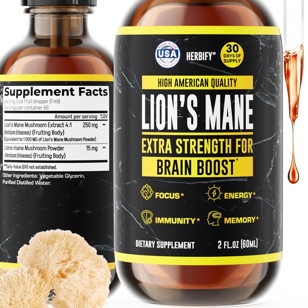 HERBIFY Lions Mane 补编 - 记忆,焦点和清晰度的每日蘑菇补充 - 大脑助推器 - 用于免疫支持的狮子Mane Tincure - 2 Fl oz