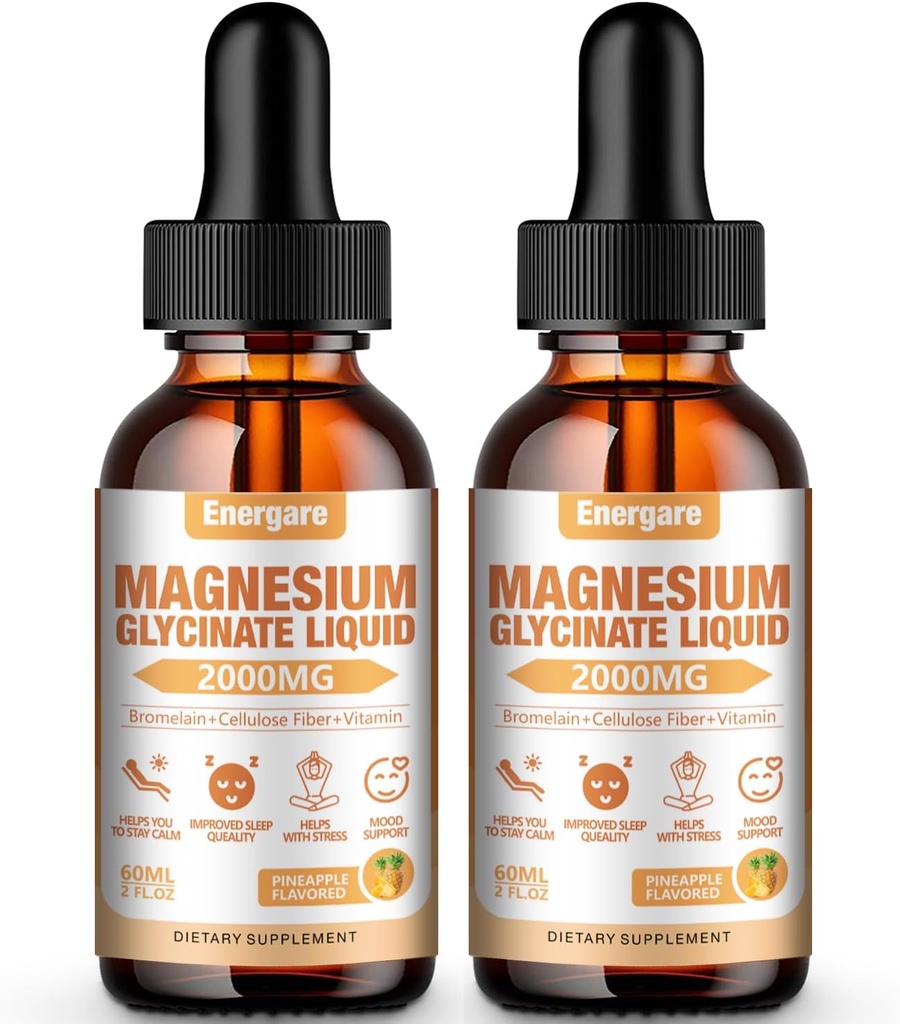 2 Pack 2000MG 甘油酸甘油酸液滴给儿童与成年人的补充-纤维素纤维、布洛梅兰、维生素B6、C、D、锌-能源、睡眠、Clam、菠萝火焰、4Fl oz