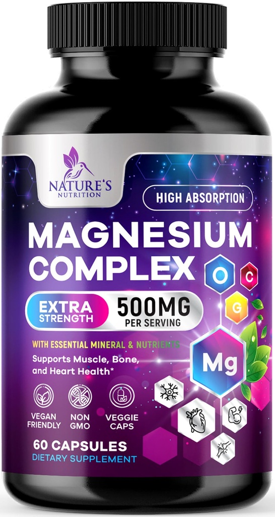 镁复合物补充500 mg - 5 分1 高吸附性甘油酸锌、马特、克里特酸盐、氧化物、水明 - 非GMO Magnesio Capsules、骨骼肌肉和心脏健康支持,60 Capsules