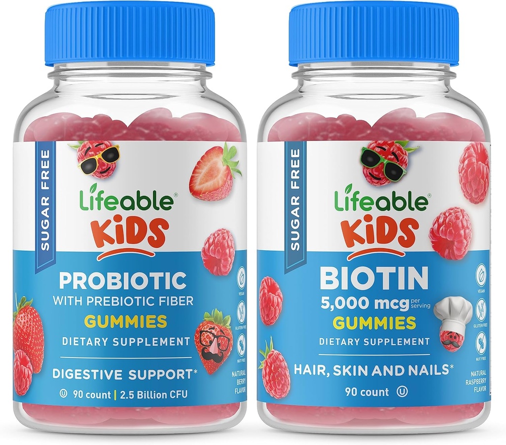 活性糖 无营养素 + 预生素 儿童 + 生物素 儿童 gummies Bundle - Great Tasting, Vitamin Supplement, Gluten Free, GMO Free, Chewwable Gummy (英语).