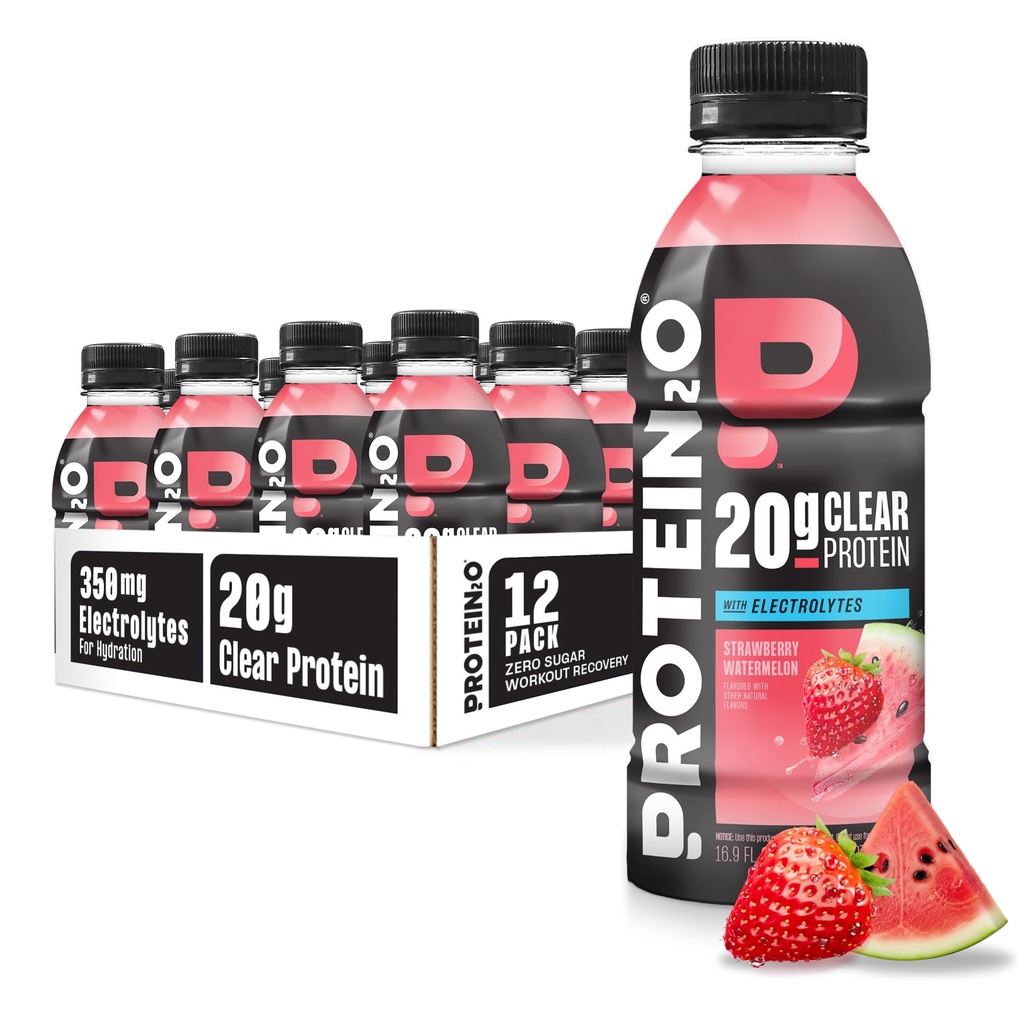 蛋白质2o 水分饮料 - 2-in-1 液清蛋白与电解质饮料 - 20g 蛋白质,维生素 B5,B6 - 工作后恢复 - 16.9 Fl Oz - 12 草莓西瓜