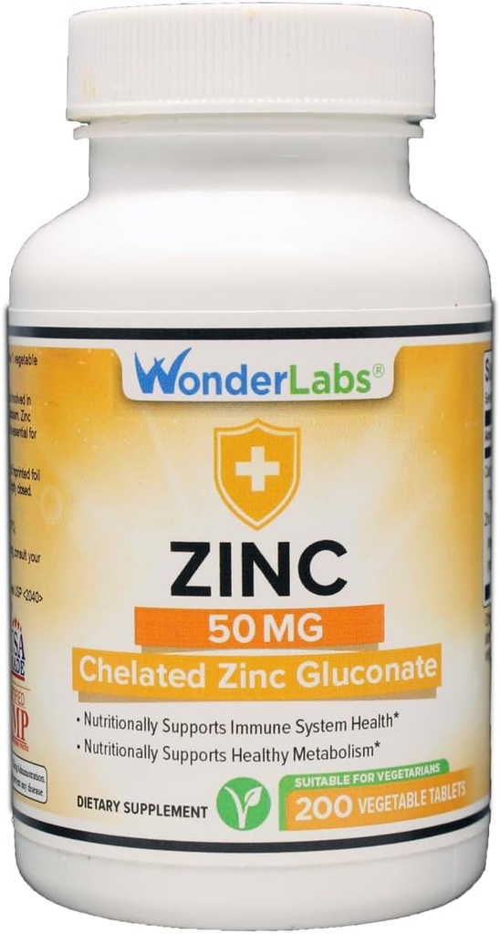 奇异实验室 Chelated Zinc Gluconate 50 mg -- -- 支持健康的皮肤、免疫系统、细胞生长和更多 -- -- 200个植物药片
