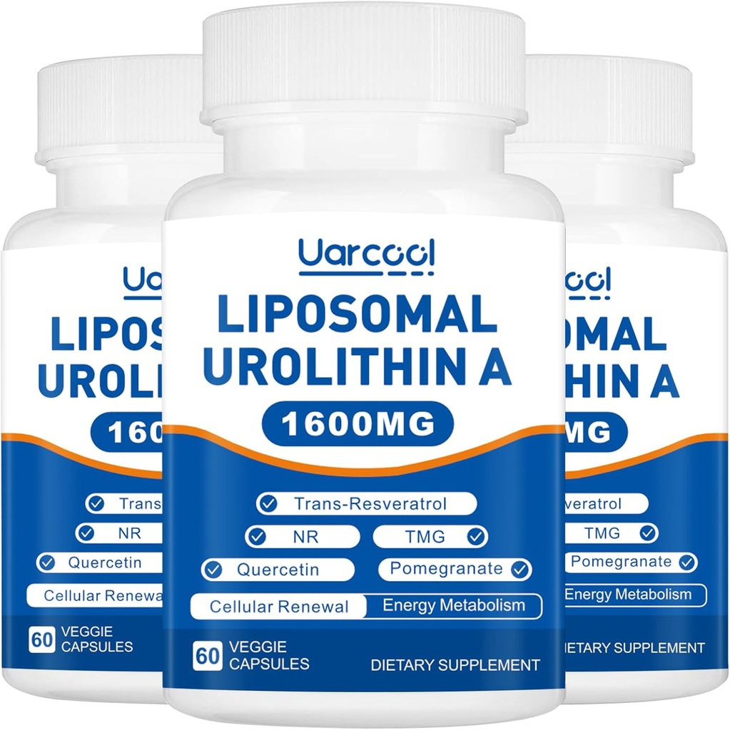 Urolithin A Supplement 1600mg 促进肌肉强力和能源生产、TMG促进健康同位素水平和Nicotinamide riboside NAD+促进长寿-60软胶(3瓶)
