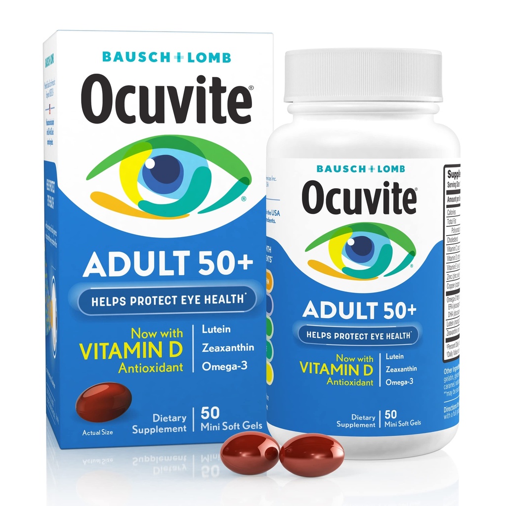 Ocuvite 50+ 眼维生素和矿物补充剂, 视觉和视力健康多维生素, Omega-3, 锌, 维生素C & E, Lutein & Zeaxanthin, 男女锌补充剂, 50 软胶