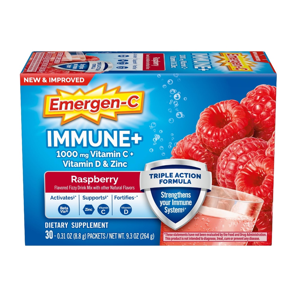 Emergen-C Imune + 三角行动Imune 支持粉,BetaVia(R),1000mg 维生素C,B维生素,维生素D和抗氧化剂,Raspberry,返校基本知识 – 30 Counter