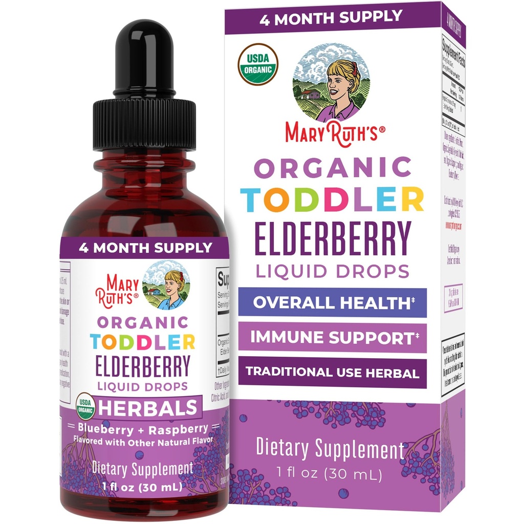 MaryRuth Organizations Toddler Elderberry Syrup, USDA Official Elderberry, 1-3岁无糖儿童免疫支持补充, 清洁标签项目验证, Vegan, 非GMO, Gluten Free, 1 Fl Oz